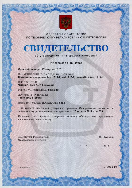 Поверка Шумомера Testo 816-2 - Реестр 50850-12 - Методика Поверки.